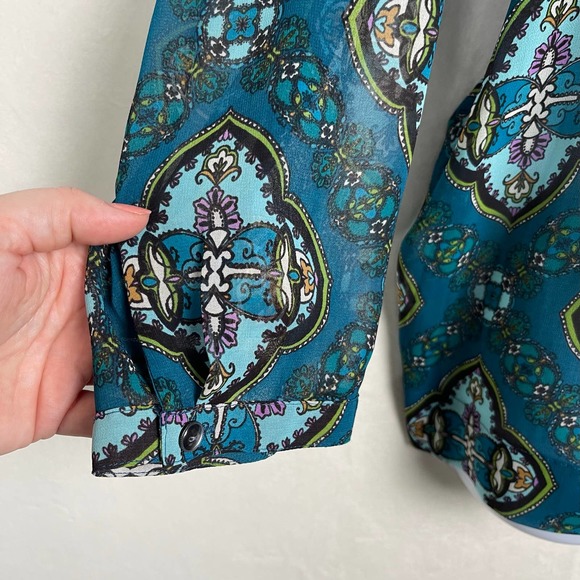 NWT Charter Club Teal V-Neck Button Up Tuxedo Pleated Blouse Tunic Large Petite - Picture 5 of 16